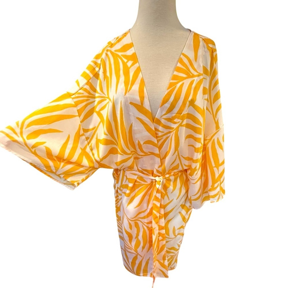 Maison Du Soir Yellow Magnolia Luxe Robe Kimono Coverup Tropical Palm Print M/L - Picture 2 of 7